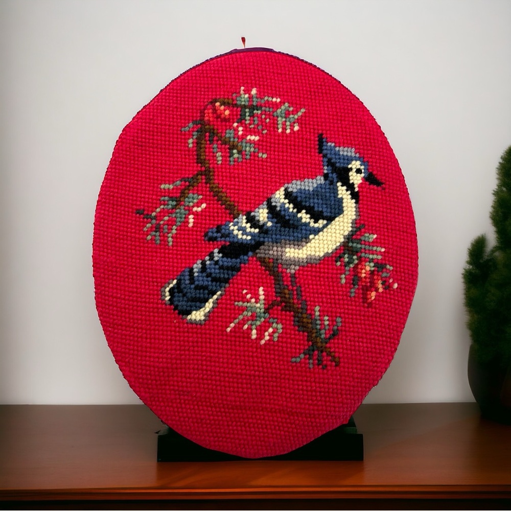 Vintage needlepoint hand embroidered bird on branch